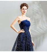 Luxury Sexy Strapless Dark Blue A Line Beaded Lace Wedding Dress - FashionByTeresa